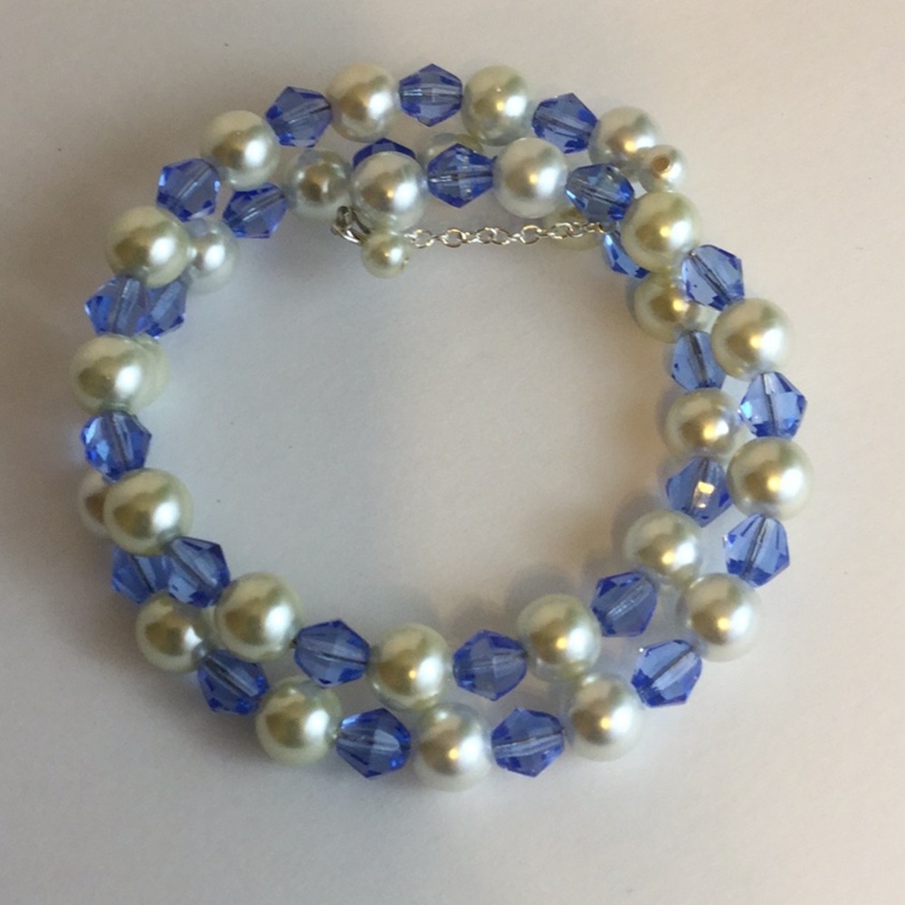 Glass Pearl and Bead Memory Wire Cuff Bracelet